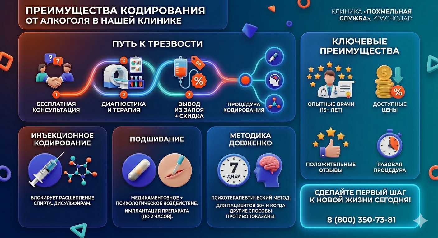 Инфографика о методах кодирования от алкоголя в Кизнере: инъекции, подшивание, метод Довженко. Преимущества клиники и этапы лечения.