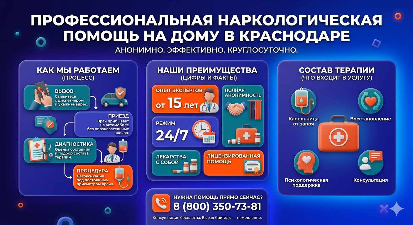 Инфографика о принципах лечения алкоголизма на дому в Кизнере: этапы вызова нарколога, преимущества анонимной детоксикации и состав медицинской помощи.